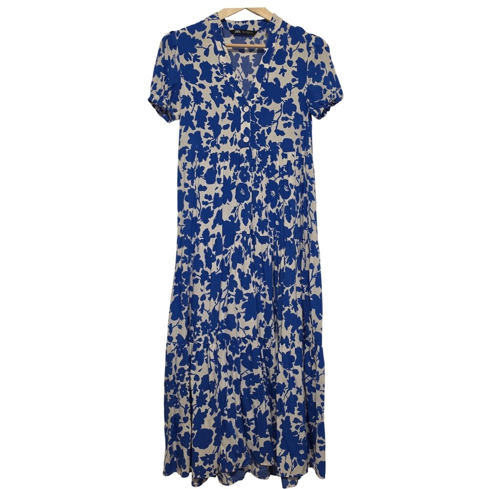ZARA Floral Print Tiered V-Neck Midi Dress Blue White Size Extra Small XS
